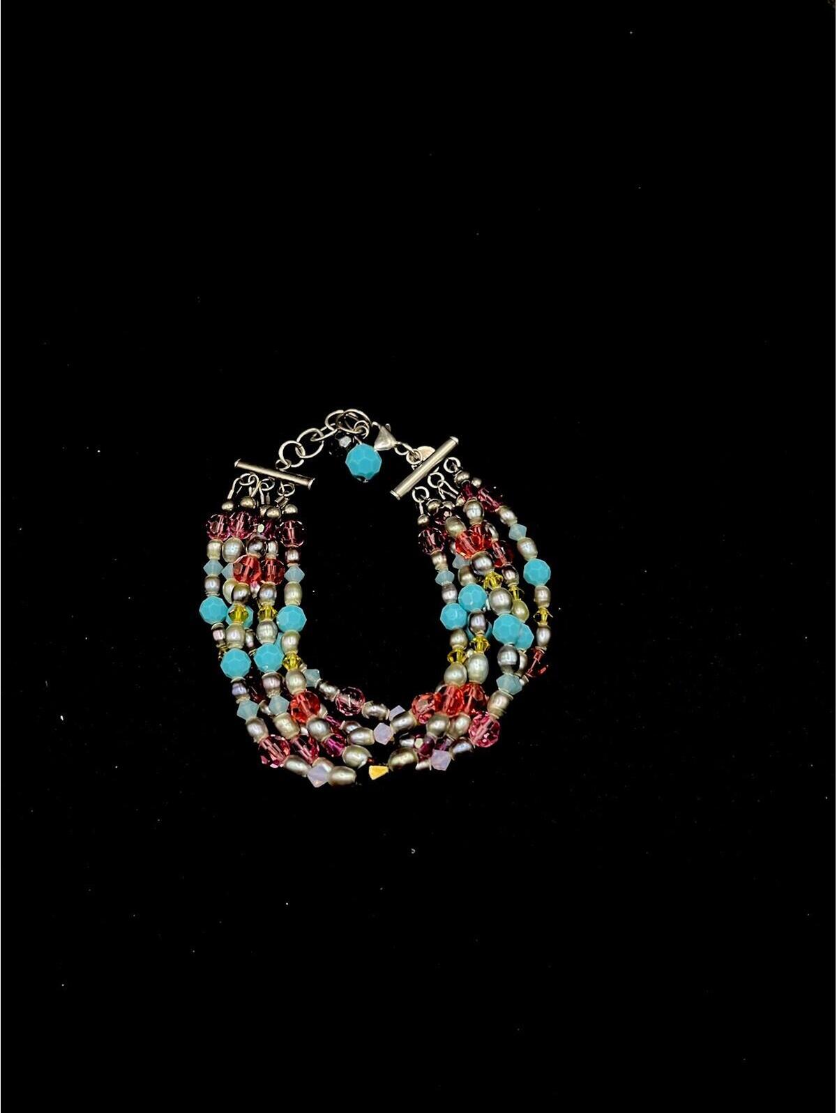Emily Ray Bracelet 6 Strands Of Multicolored Swarovski Crystal Beads Like New